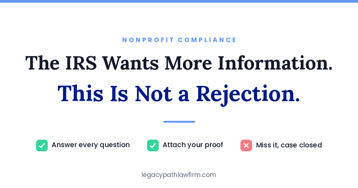 IRS request for more information on Form 1023 &mdash; it is not a rejection, but the deadline is real